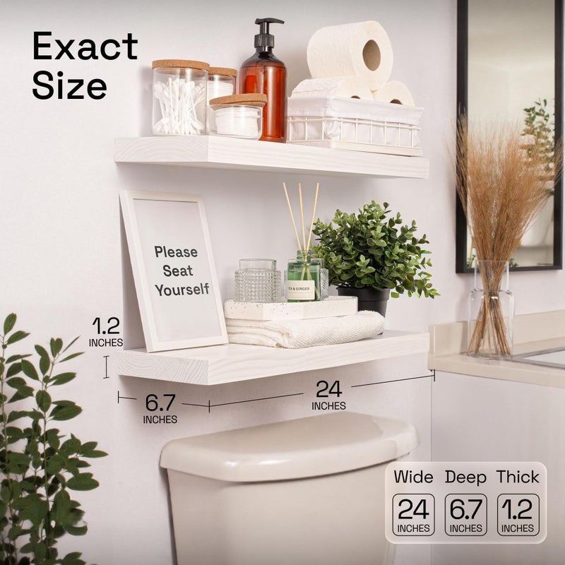 BAOBAB WORKSHOP Wood Floating Shelves for Bathroom Wall - White Shelves for Bedroom Kitchen Living Room - Solid Wood Shelves - White - 24 x 6.7 Inch, Set of 2 - Image 3